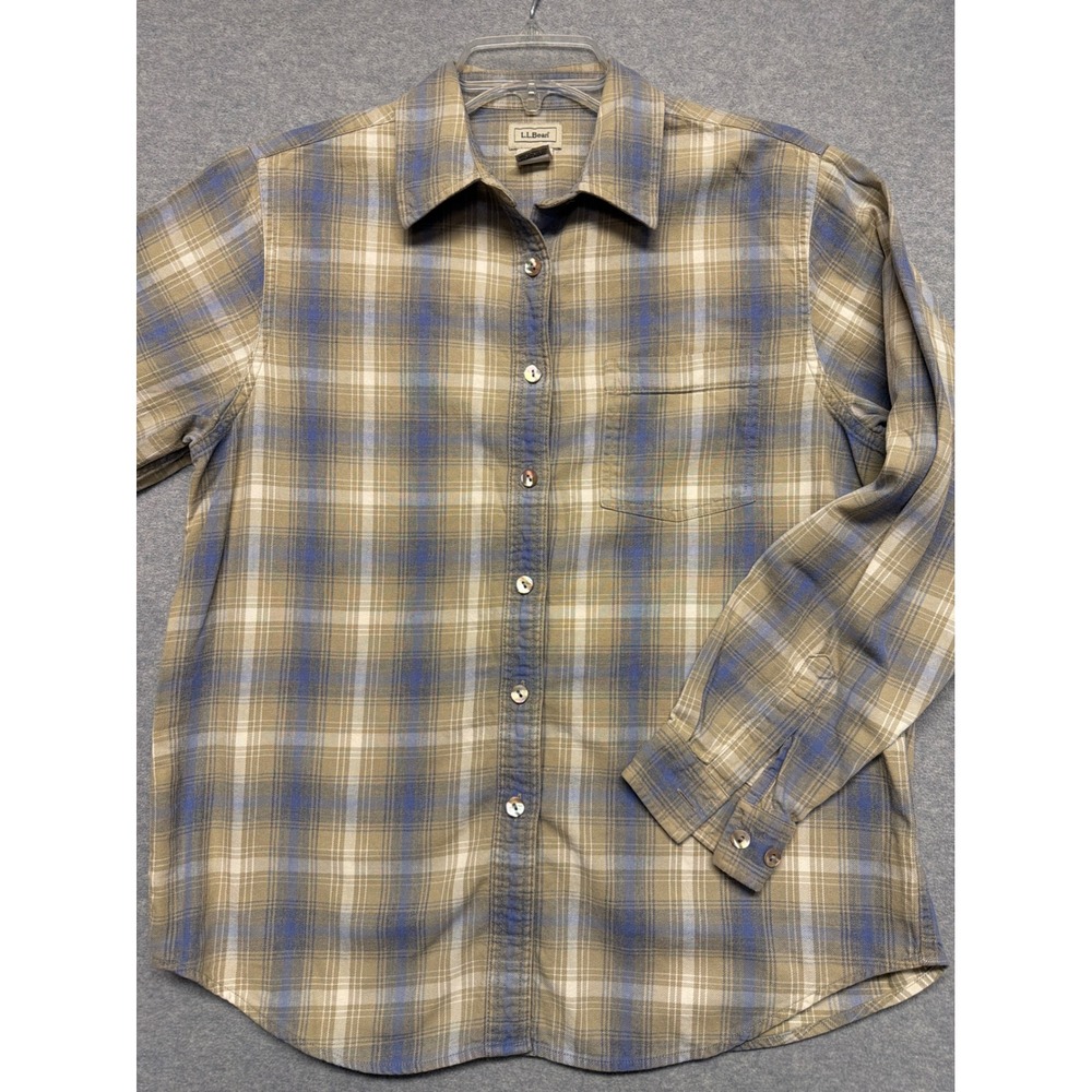 LL Bean Womens‎ Plaid Button Up Shirt Tan Blue 100% Cotton Long Sleeve Size M